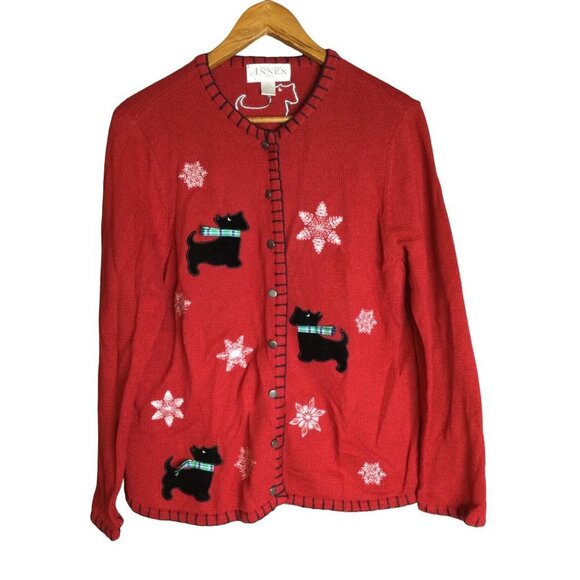 Vintage Sweater Dogs Toto Ugly Christmas Holiday Cardigan Large Petite - Picture 1 of 10